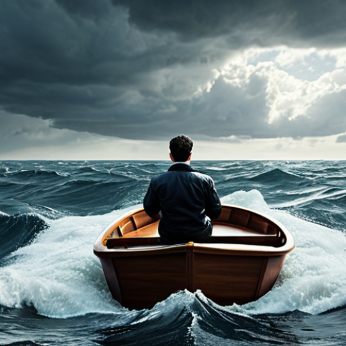 Home 6 ** A person confidently navigating a turbulent sea in a small boat, representing intuition guiding investment decisions amidst market uncertainty. The boat should be modern and sleek, symbolizing tech-enhanced intuition. The sea should be dramatic but not overwhelming.
**