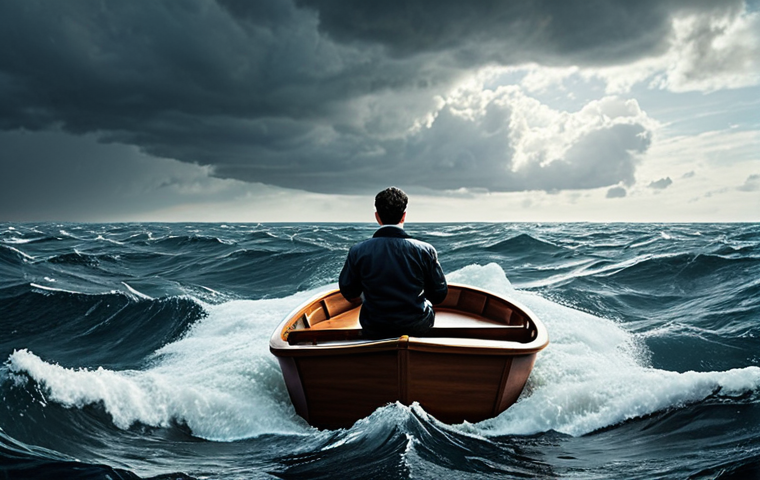 ** A person confidently navigating a turbulent sea in a small boat, representing intuition guiding investment decisions amidst market uncertainty. The boat should be modern and sleek, symbolizing tech-enhanced intuition. The sea should be dramatic but not overwhelming.
**