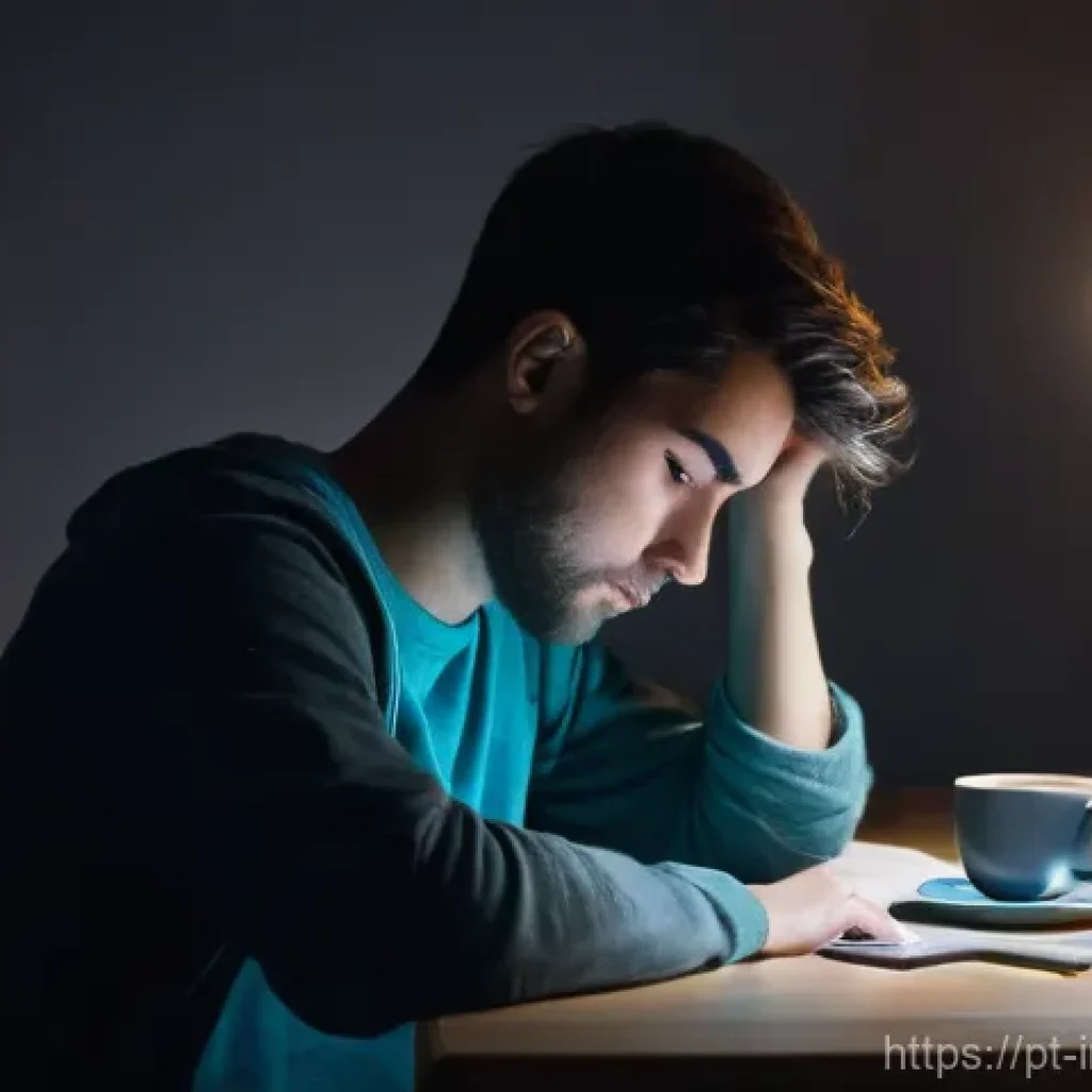 감정적 투자 오류 해결을 위한 소셜 미디어 활용법 - **Prompt:** A young adult, looking visibly exhausted and slightly anxious, sits hunched over a glowi...