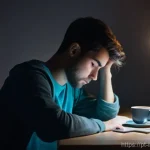 Home 20 감정적 투자 오류 해결을 위한 소셜 미디어 활용법 - **Prompt:** A young adult, looking visibly exhausted and slightly anxious, sits hunched over a glowi...