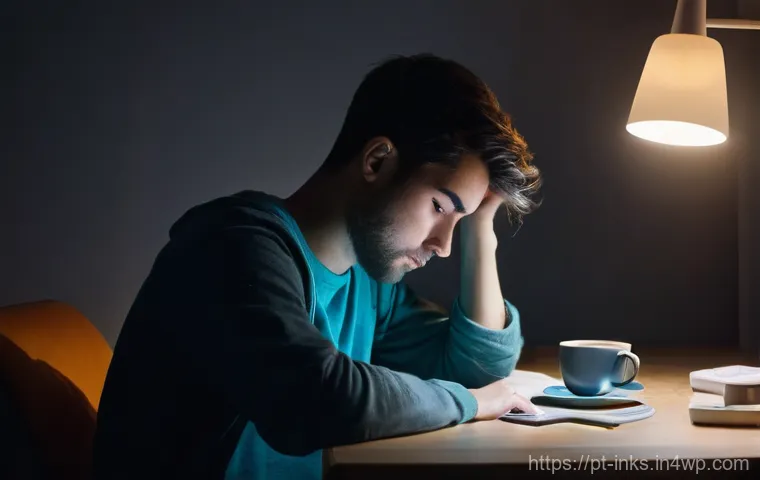 감정적 투자 오류 해결을 위한 소셜 미디어 활용법 - **Prompt:** A young adult, looking visibly exhausted and slightly anxious, sits hunched over a glowi...