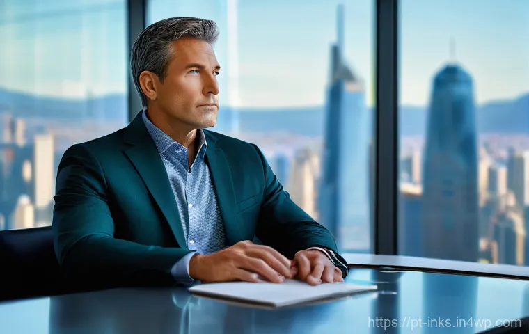감정적 투자 오류 극복을 위한 소통 방법 - **Prompt 1: The Serenity of Strategic Investing**
"A male investor in his late 40s, dressed in a...