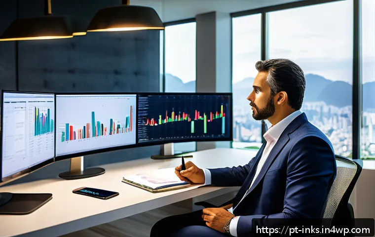 감정적 투자 오류의 심리학적 원인 - A focused Brazilian investor sitting at a modern home office desk, surrounded by multiple screens di...