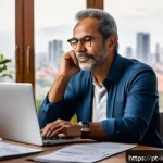 Home 21 감정적 투자 오류에 대한 사실과 신화 - A thoughtful middle-aged Brazilian man sitting at a modern wooden desk in a cozy home office, surrou...